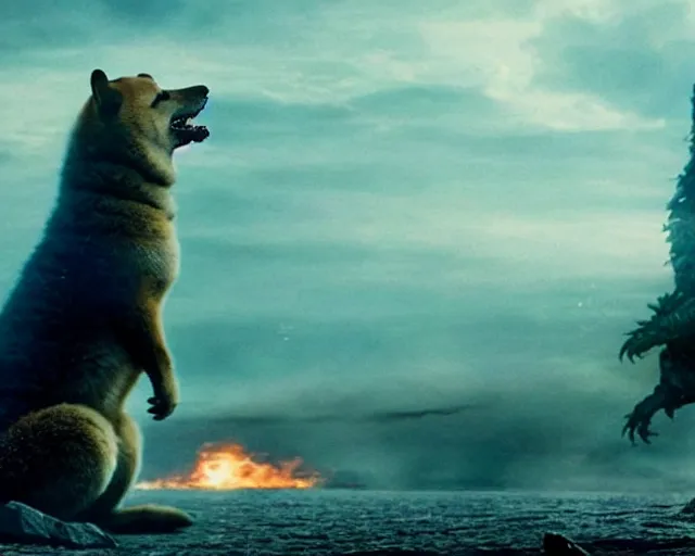 Image similar to godzilla as a shiba inu in a Godzilla: King of the Monsters still film directed by Christopher Nolan, shooting beams from its mouth and toppling over cities, epic action scene