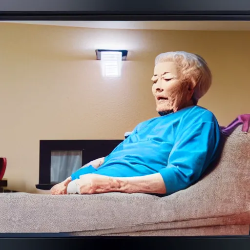 Prompt: an alien in a nursing home sitting on a sofa with a tv tray