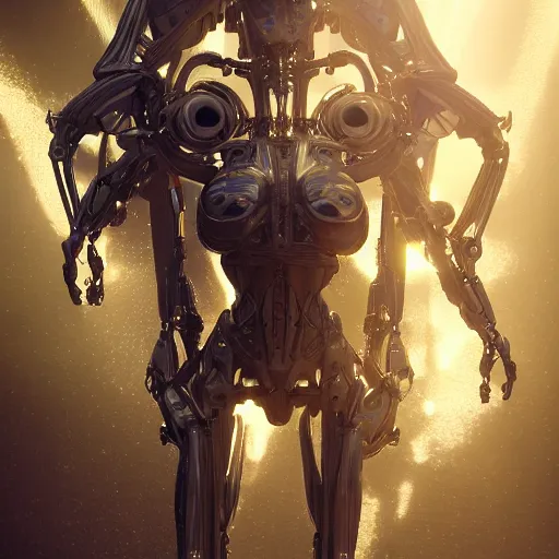 Image similar to biomechanical mecha white mermaid underwater, rays of light. Style of westworld, cables, lights, searchlight, weta digital, octane render, insane details, ultra realistic, beatifully lit, reflections