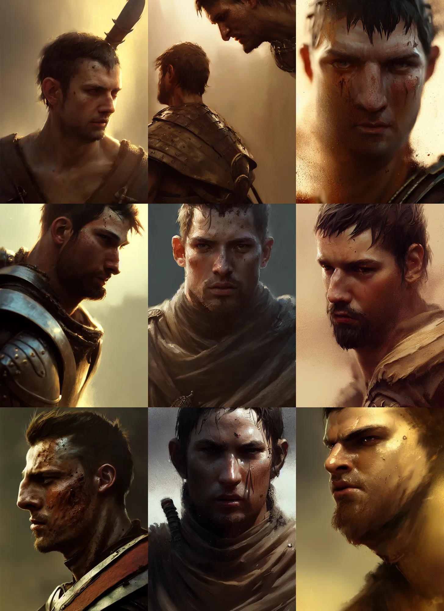 Prompt: medium close up of male medieval warrior walking, brown hair, dirty face, realistic cinematic lighting, photorealistic, reflections, glistening, sweat, greg rutkowski, wlop, ruan jia, artgerm, craig mullins, pixiv, artstation, octane renderer