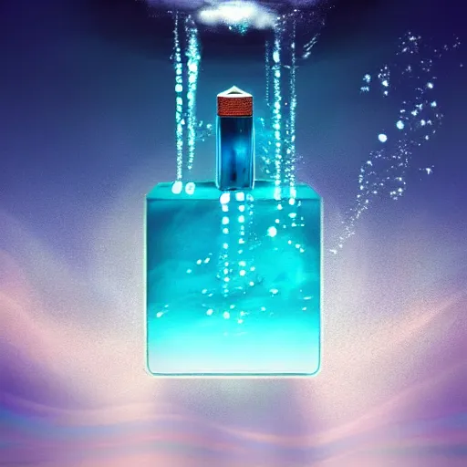 Image similar to blue perfume bottle surrounded by turquoise water droplet and waves, lonely world still shining through faintly rainbow led lights, beautiful surreal scenery artwork pixiv. soul dust. unthinkable dream sublime god lighting, sun rays, cold colors. insanely detailed, artstation!! pixiv!! infinitely detailed created by god