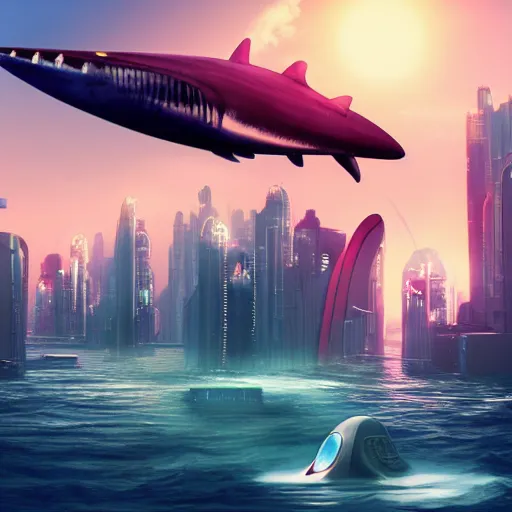 Prompt: A realistic photo of a futuristic Megalodon floating above a cyberpunk city during sunset