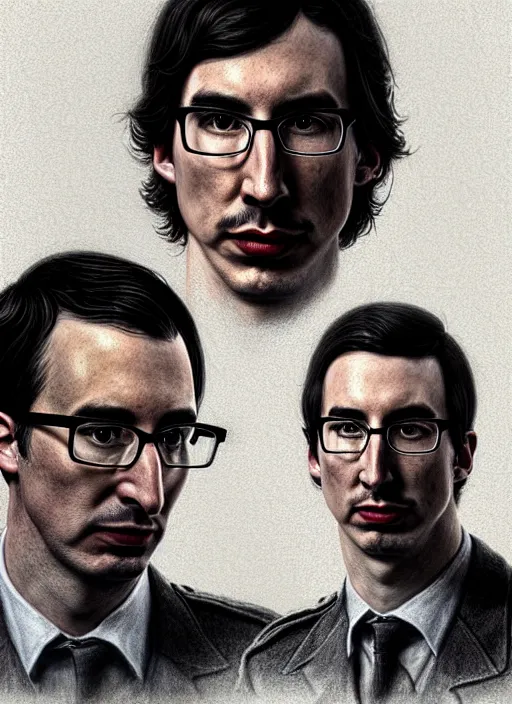 Image similar to a portrait of john oliver standing next to adam driver as in the vigo carpathian painting, stoic, military uniform, fantasy, intricate, beautiful, highly detailed, charcoal, centered, dark, smokey, digital painting, concept art, smooth, sharp focus, illustration, art by artgerm and greg rutkowski