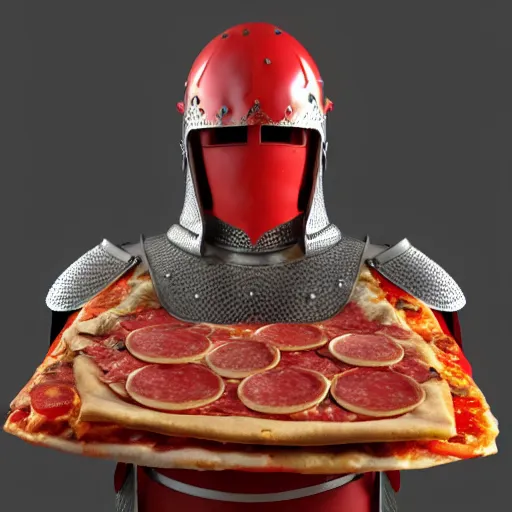 Prompt: medieval fantasy knight using pepperoni pizza as a shield instead, full body, portrait, photography, detailed, 8K, render