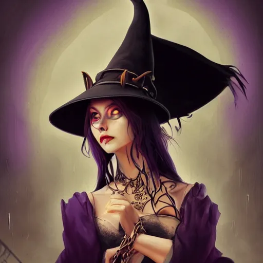 Prompt: an insanely detailed portrait of a beautiful witch standing in an alchemy lab, long purple hair, tightly fitting black ornate dress and black witch hat, in the style of peter mohrbacher, artgerm, dramatic lighting and composition, octane render, trending on artstation, concept art 8 k