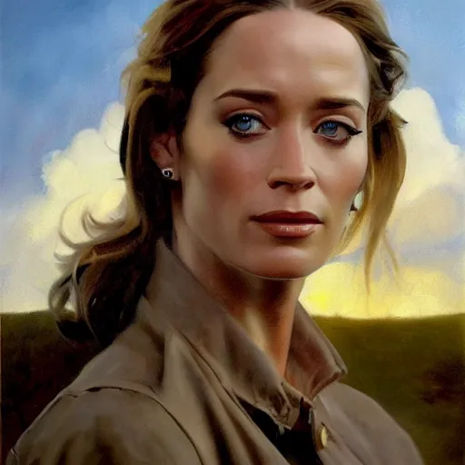 Prompt: ultra realistic portrait painting of john emily blunt as farmer, art by frank frazetta, 4 k, ultra realistic, highly detailed, epic lighting