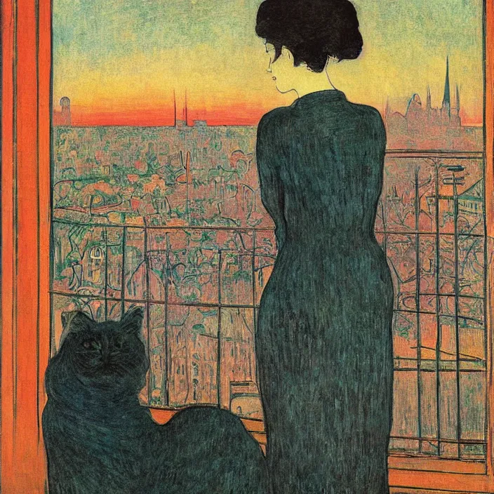 Image similar to portrait of sad woman and persian cat with city with gothic cathedral and tall trees seen from a window frame with curtains. sunset. mikalojus konstantinas ciurlionis, henri de toulouse - lautrec, utamaro, matisse, monet