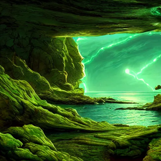 Image similar to a scary glowing green scifi portal to another world in darwin's arch, ocean and rock landscape, science fiction, intricate, elegant, highly detailed, digital painting, artstation, concept art, matte, sharp focus, illustration, art by hayao miyazaki and hideo kojima