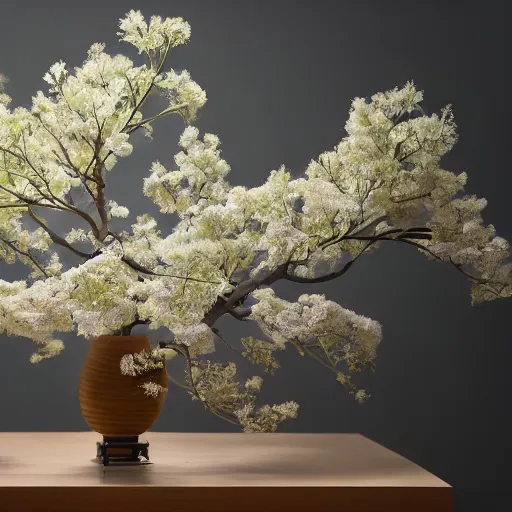 Prompt: a photo of 8k Ikebana in flower vase, ikenobo, ohararyu, sougetsu, wide angle, full body, sony a7r3, ultra detail, photorealistic, in simple background