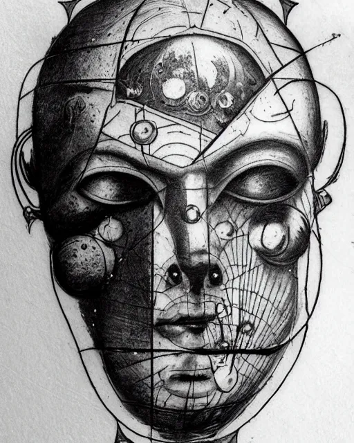 Image similar to planets on the top of a broken renaissance head statue, realism tattoo design, in the style of tony santos