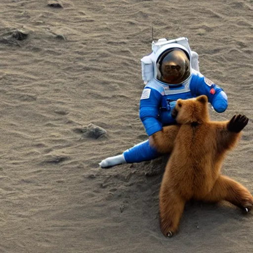 Image similar to an astronaut fighting a bear