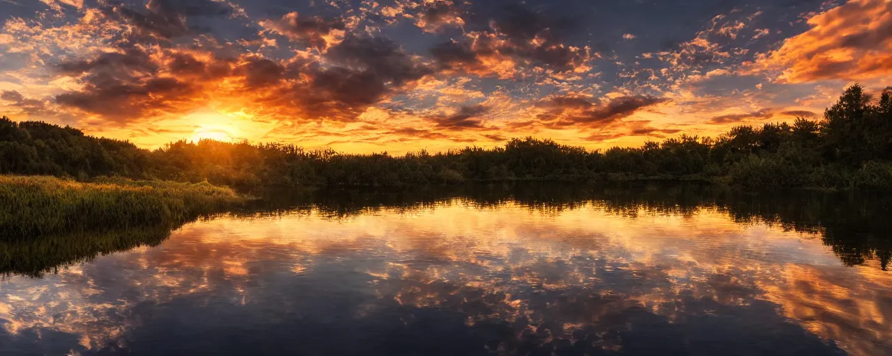 Image similar to Nature, photorealistic image, 4k, reflections, landscape, sunset, water