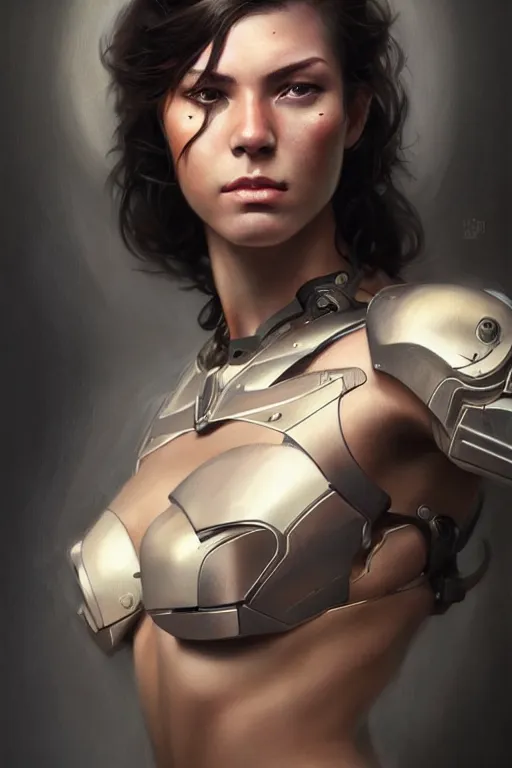 Prompt: photorealistic portrait of a young butch cyborg woman, handsome, female, masculine, upper body, fantasy, fierce, sharp features, intricate, elegant, highly detailed, digital painting, artstation, concept art, matte, sharp focus, illustration, art by artgerm and greg rutkowski and alphonse mucha