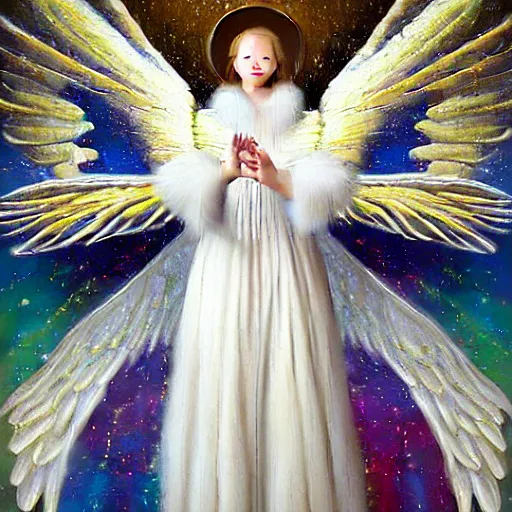 Image similar to highdetailed hyperrealistic painting of white angel!!! no gender!!!, giant ball of miracle light from the chest!!!!!, white sparkles everywhere, 4 k hd fur face!!!, big wings, by jan van eyck, holography space, glow effect, large strokes, white monochrome color!!!!!