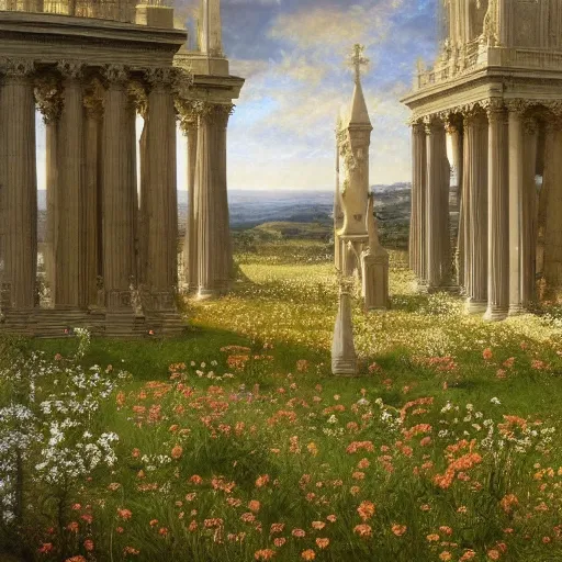 Prompt: a recursive cathedral made of marble within a wildflower meadow at dawn, infinite regress, droste effect, in the style of alma tadema