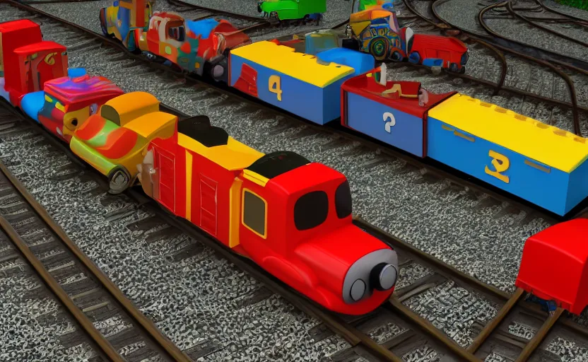 Image similar to four trains on tracks named speedy, sally, paul, and miguel : : children's show : : in the style of thomas the tank engine : : photography, 3 d render, happy mood