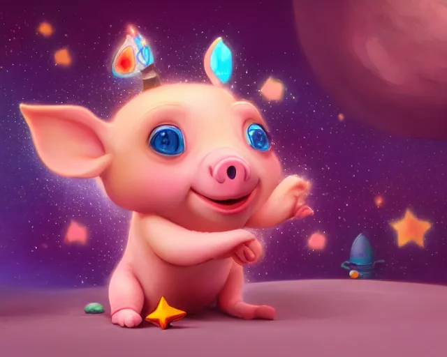 Prompt: 3D Fantasy Cute and adorable space piglet princess, huge adorable eyes, bright stars, Smooth 3D Illustration, soft render, Servando Lupini, Daniil Kudriavtsev, handpaint texture, Blender, 3DCoat