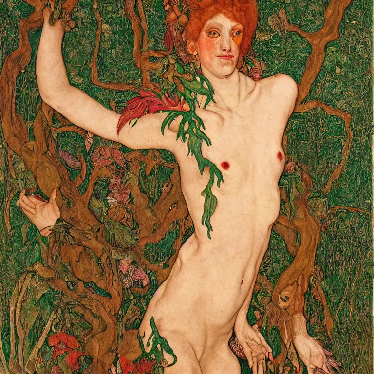 Prompt: a dryad venus, transforms herself into a beast. her face in strangely long and she has goat pupils. her skin is covered in scales and feathers. in the forest around her are colorful tropical birds and orchids. painted by jan van eyck, egon schiele and max ernst, trending on artstation, 8 k, award winning