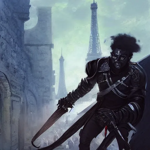 Prompt: a black male rogue fighting with guards in a fantasy paris 1700, symmetric face, hyperrealism, epic fantasy digital art, fantasy style art, by Greg Rutkowski, fantasy magic the gathering card art style