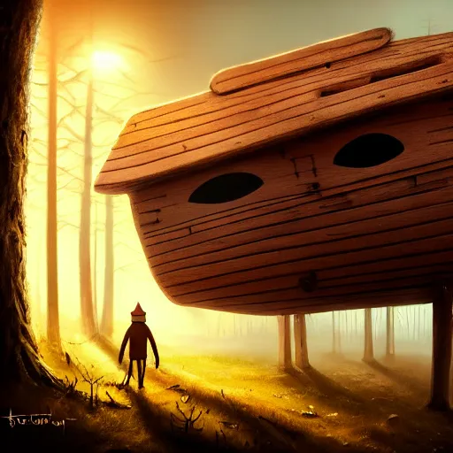 Image similar to a walking wood house with two mechanical legs and two glowing eyes and two hands, rust, hyperrealistic, pareidolia, highly detailed, cinematic, single ray of sun, fog, city in background, beautiful, cgssociety, artstation, 8 k, oil painting