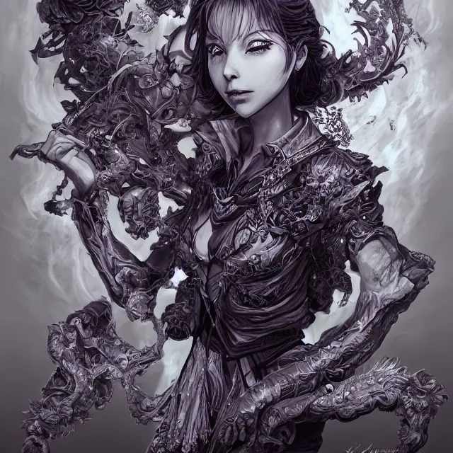 Prompt: the portrait of chaotic evil female necromancer mastermind as absurdly beautiful, gorgeous, elegant, handsome young gravure idol, an ultrafine hyperdetailed illustration by kim jung gi, irakli nadar, intricate linework, bright colors, octopath traveler, final fantasy, unreal engine 5 highly rendered, global illumination, radiant light, detailed and intricate environment