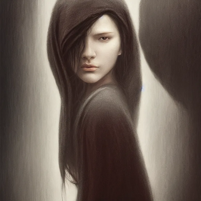 Image similar to Portrait of a young woman with dark hair wearing a hooded robe, non-centered shot, unique, intricate, elegant, highly detailed, digital painting, artstation, concept art, smooth, sharp focus, illustration and art by beksinski