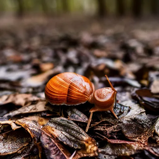 Image similar to snail on dead leaves in a forest, canon eos r 3, f / 1. 4, iso 2 0 0, 1 / 1 6 0 s, 8 k, raw, unedited, symmetrical balance, in - frame,