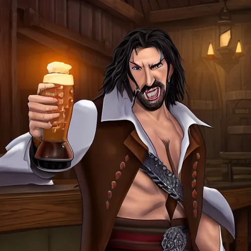 Image similar to Professional painting of Trevor Belmont from Castlevania, enjoying a pint of ale at a tavern, digital art, HDR, happily smiling at the camera, holding the pint of ale, sitting at the bar, warm lantern lighting.