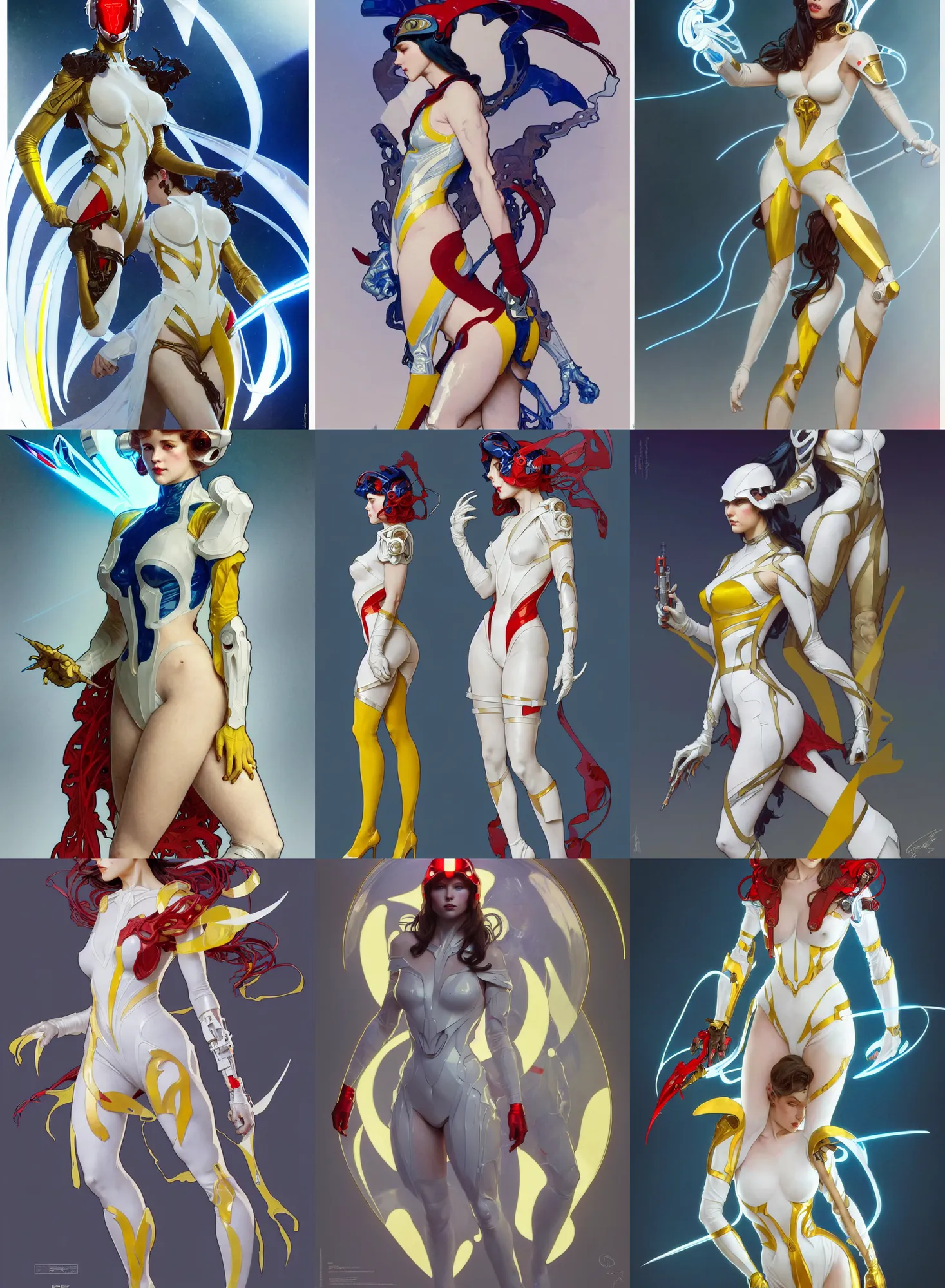 Image similar to a full body character design by artgerm, greg rutkowski and alphonse mucha. sci - fi dagger. laser white and yellow tape and red translucent plastic tape project show attctive showgirl!! sci - fi helmet electric blue eyes!! sharp edges. contour light effect!! ultra detailed, elegant, intricate, octane render.