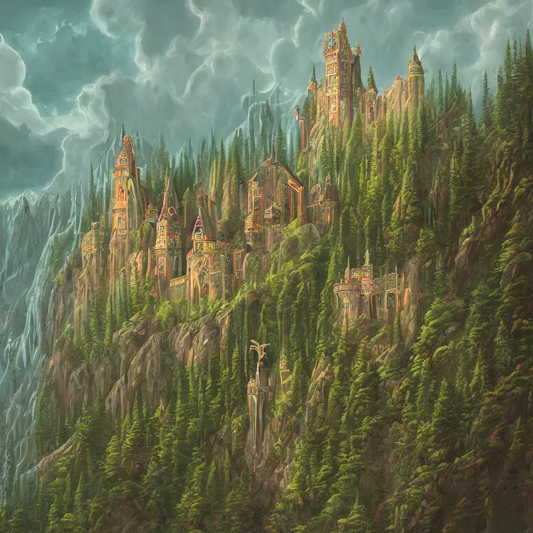 Image similar to a beautiful ultradetailed painting of an elegant high fantasy surreal arcane castle on a green mountain above a forest by wes anderson trending on artstation