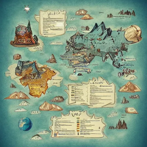 Image similar to imaginary map of a fantacy world, drawing of different elements in the lands, different realms, blueprint, infographic, on paper, natural colors, vintage, with notes, highly detailed, trending on artstation, beautiful