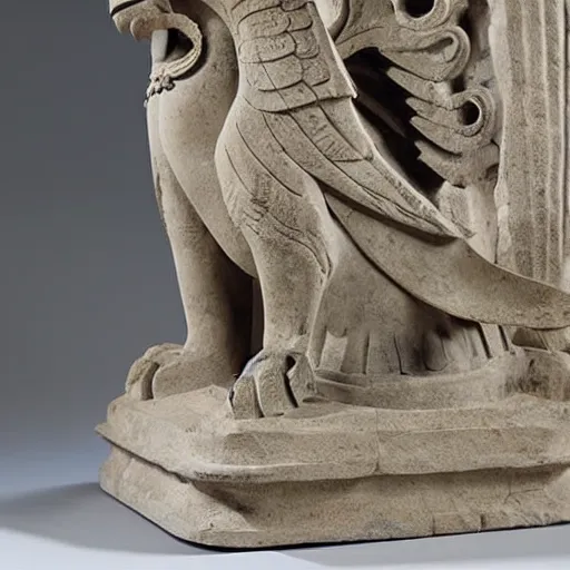 Image similar to a stone sculpture of a winged panther sitting on a pedestal with intricate carvings and fine detail