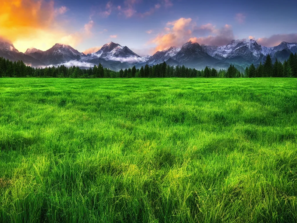 Image similar to windows bliss wallpaper, green field, hdr, 4 k, 8 k, professional photograph, color corrected, sharp focus, mountains in background, by marc adamus