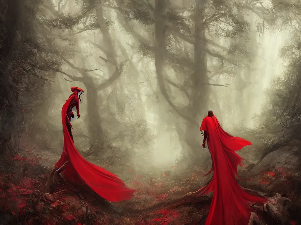 Image similar to this story has to be told in soulful pictures, forest, female rider wearing a long red cape, rays of life, cinematic, fantasy art, moody light, trending on artstation, by esao andrews, by naoto hatori, by tyler jacobson