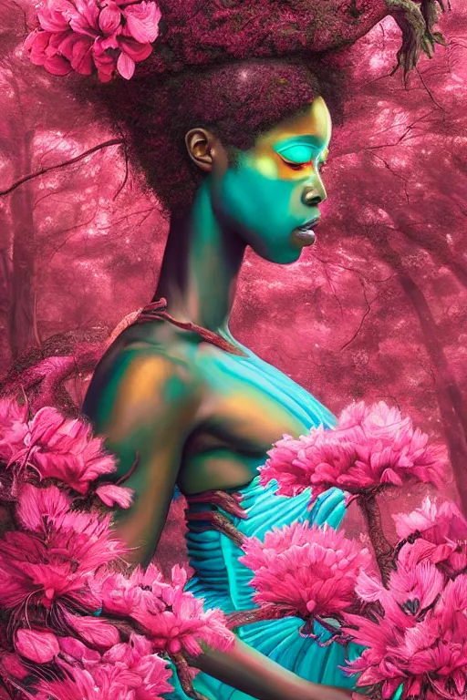 Image similar to hyperrealistic neo - rococo cinematic super expressive! yoruba goddess with exoskeleton armor, merging with tree in a forest, pink red flowers, highly detailed digital painting masterpiece, smooth cam de leon eric zener dramatic pearlescent soft teal light, ground angle hd 8 k, sharp focus