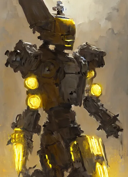 Image similar to human-sized strong intricate yellow pit droid carrying very detailed great sword and beautiful large paladin shield, pancake short large head, exposed metal bones, painterly humanoid mecha, by Greg Rutkowski