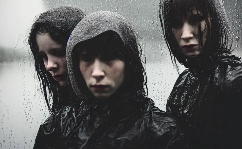 Image similar to cinestill 5 0 d candid photographic portrait by helen levitt of two loving female androids wearing rugged black mesh techwear in treacherous waters, extreme closeup, modern cyberpunk moody depressing cinematic, pouring rain, 8 k, hd, high resolution, 3 5 mm, f / 3 2, ultra realistic faces, ex machina