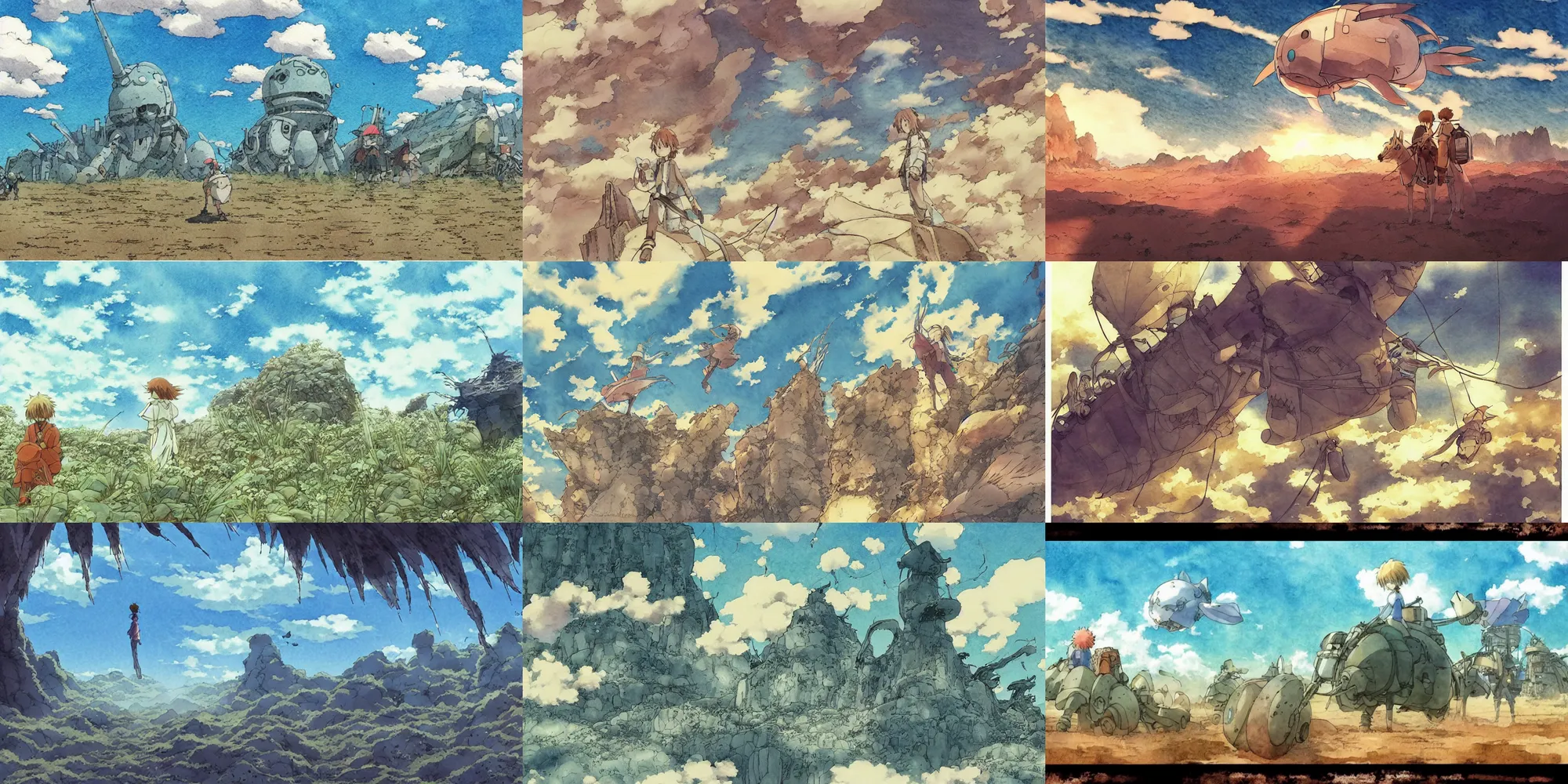 Prompt: anime movie screenshot, paper texture, ( ( simple watercolor ) ) by ( ( ( ( yoshitaka amano ) ) ) ), by ghibli!!! nausicaa!!!, desert!!!!, rim light, long shadows, bright, scenic, miyazaki, vibrant, dof, motion, airship, flying beetles