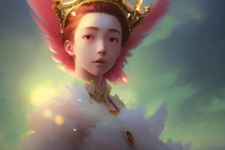 Image similar to Portrait of magical girl, close up, wearing crown of bright feathers, painting by studio ghibli, Ivan Aivazovsky and Greg Rutkowski, artstation, fantasy, intricate, beautiful, cinematic, octane render, arnold render, 8k, hyper realism, detailed, sharp focus, 4k uhd, masterpiece, award winning