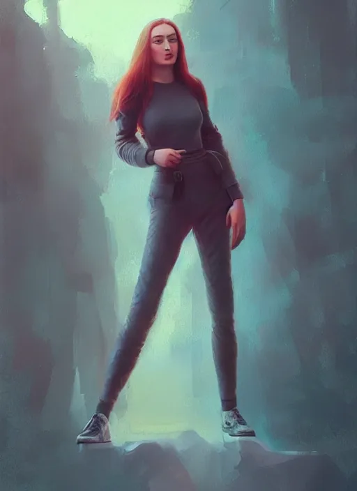 Image similar to sophie turner detailed clothing, half body shot, arms down, path traced, highly detailed, high quality, digital painting, alena aenami, arnold bocklin, tom bagshaw