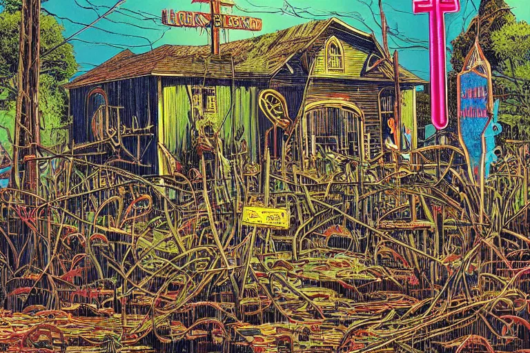 Image similar to scene fromlouisiana swamps, old protestant church with neon cross, junkyard by the road, boy scout troop, voodoo, artwork by jean giraud