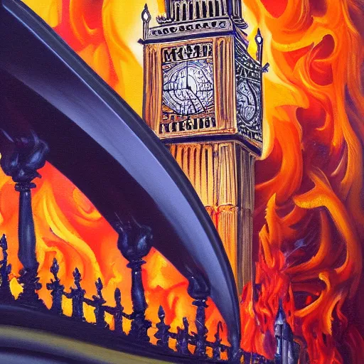 Image similar to detailed, soft, dynamic painting of the Big Ben in flames, burning, arson, professional painting, at dusk