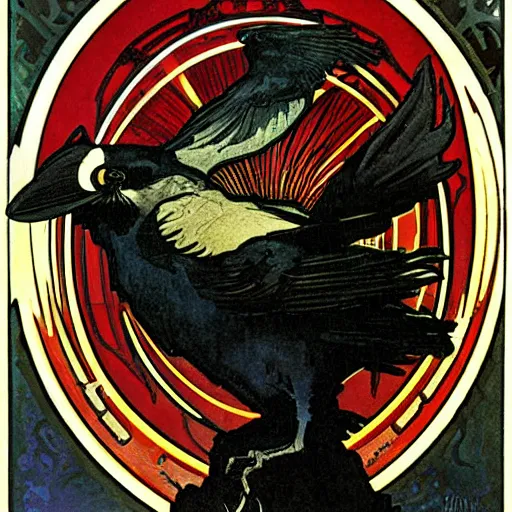 Image similar to a black raven in front of the red moon by alphonse mucha