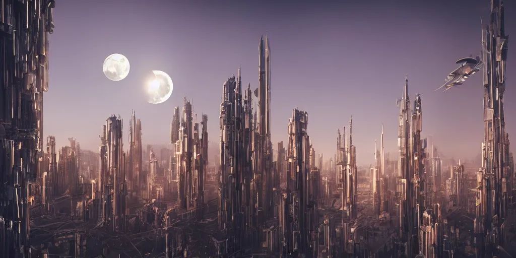 Prompt: human futuristic city, highly detailed,, beautiful architecture contemporary style, si - fi, golden hour light, two moon on the sky, 8 k, sharp focus, cinematic