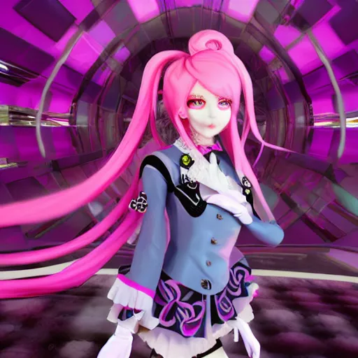 Image similar to trapped by stunningly beautiful omnipotent megalomaniacal anime agi goddess who looks like junko enoshima with symmetrical perfect face and porcelain skin, pink twintail hair and mesmerizing cyan eyes, taking control while smiling, inside her surreal vr castle, hyperdetailed, digital art from danganronpa, unreal engine 5, 8 k