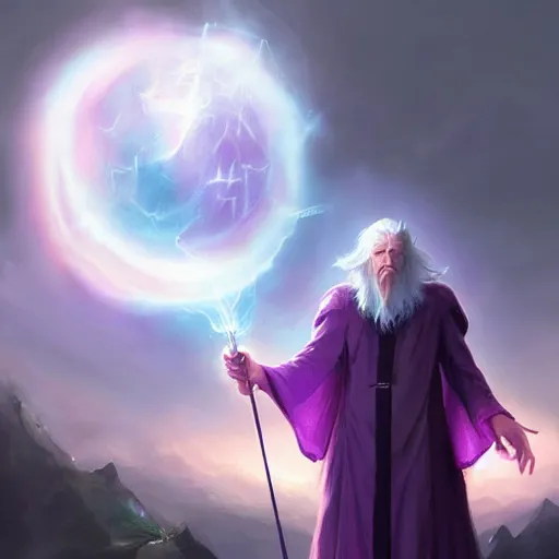 Prompt: a beautiful Purple Magician based on Gandalf with glowing aura holding an orb by Greg Rutkowski and Raymond Swanland, Trending on Artstation, cloudy background, ultra realistic digital art
