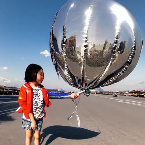 Prompt: chrome girl holding chrome balloon:: wide angle:: full body shot