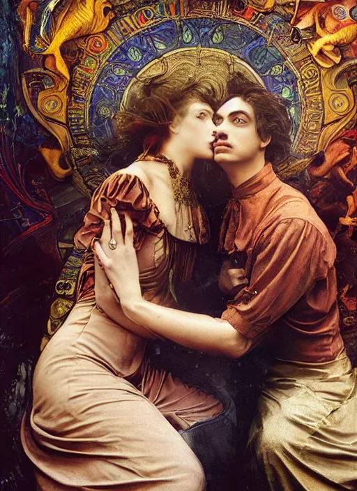 Image similar to detailed colourful masterpiece of art nouveau photography by anne leibovitz couple portrait sat down extreme closeup, love, inside an underwater train, detailed realistic expressions, wearing unusual clothes, by william powell frith frederic leighton and john william waterhouse, ultra wide angle