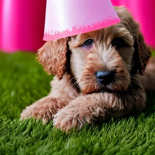 Prompt: close up photograph of a super adorable labradoodle pup with a pink party hat