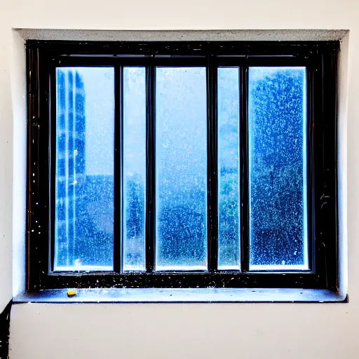 Image similar to photo of dark blue rainy bedroom window at night